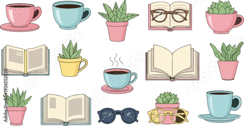 Cozy home office lifestyle vector illustrations featuring coffee cups open books potted succulents and reading glasses