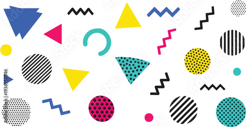 Memphis style geometric pattern with colorful triangles circles and zigzag lines for eighties retro fashion background