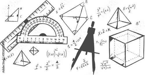 Mathematics hand drawn sketches with geometry tools formulas and shapes including ruler compass and protractor on grey