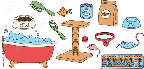 Cute Pet Cat Accessories Set with Bathtub, Scratching Post, Food Bowl, Toys, Collar and Grooming Supplies Vector Illustration