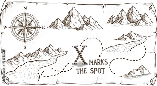 Pirate treasure map with compass mountains river and x marks spot for adventure and exploration vintage style