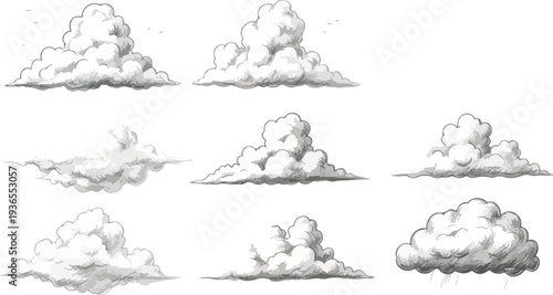 Set of clouds collection drawing sketch style vintage design for any design elements realistic natural weather elements