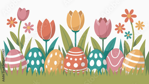 A colorful Easter scene with decorated eggs and flowers in a grassy field