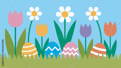 A colorful Easter scene with decorated eggs and flowers in a grassy field