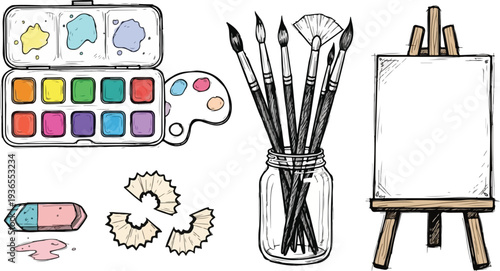 Set of various art supplies for drawing and painting including an easel with canvas, paintbrushes, watercolors, and more