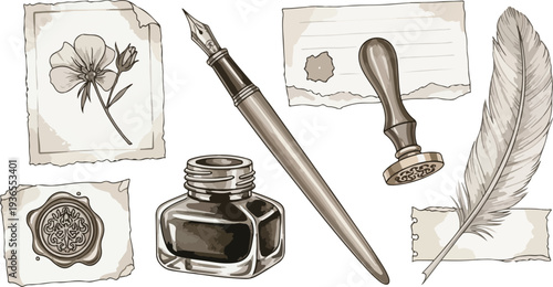 Vintage writing set with fountain pen inkwell quill feather wax seal and aged paper sheets for antique correspondence