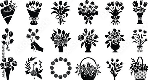 Elegant flower bouquet silhouette collection, floral arrangement icon set, black botanical design vector illustration, decorative wedding romantic spring garden elements