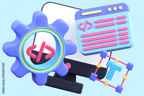 3D Web Development and Coding Concept with Gear, Code Window and Laptop
