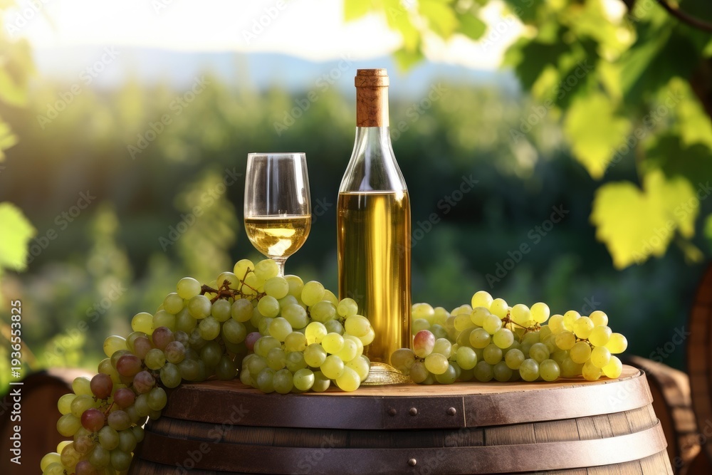 Fototapeta premium White wine bottle and glass with green grapes resting on a wooden barrel outdoors