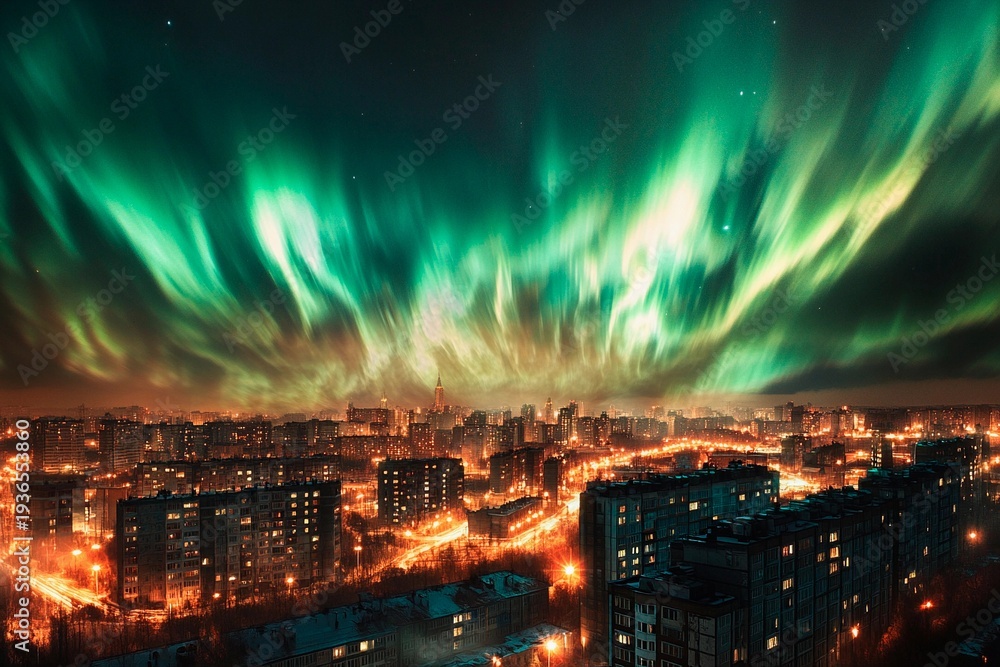 Fototapeta premium Bright aurora lights illuminate city skyline at night in a breathtaking display