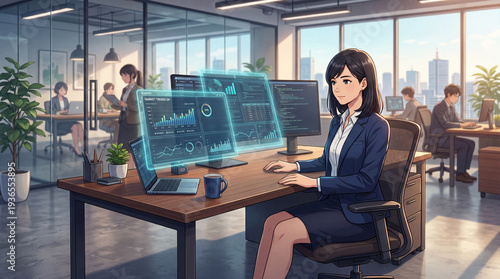 oung Businesswoman Working with Holographic Data Screens in a Modern Office Anime Style