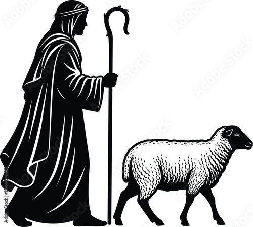 Vintage Black and White Woodcut Style Illustration of a Shepherd Carrying a Crook Staff Leading a Single Sheep to Pasture