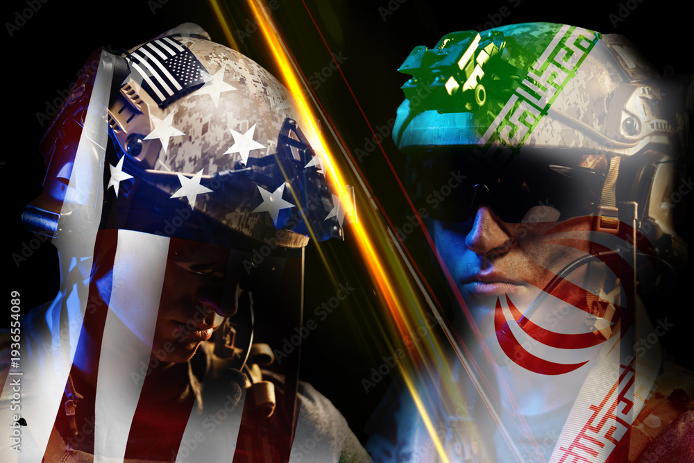 Obraz premium Conflict between Iran and USA represented through military imagery and symbolism