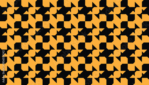 Seamless modern geometric pattern with abstract interlocking shapes, vibrant yellow and black contrast background, professional repetitive tile design