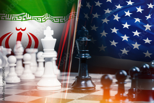 Conflict between Iran and USA shown as chess match with flags in background