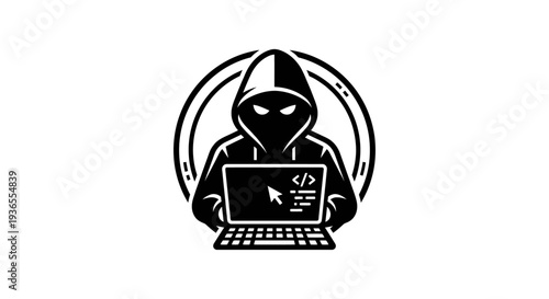 A mysterious hacker in a hoodie working on a laptop computer
