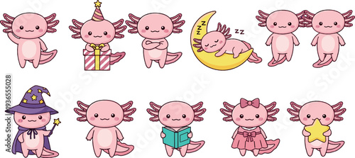 Cute pink axolotl cartoon character collection flat vector illustration with baby amphibians sleeping wizard and birthday theme