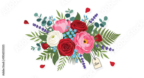 Floral bouquet illustration with roses, leaves, and flowers