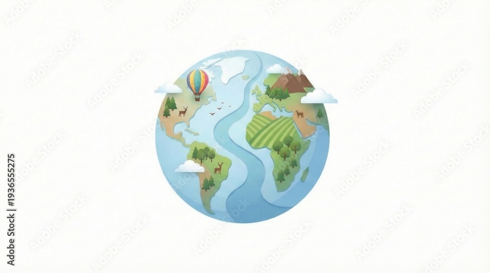 Fototapeta premium Cartoon Earth globe with land, oceans, and clouds, representing global travel and environment.