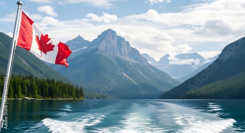 Happy canada day celebration with majestic mountain lake and canadian flag