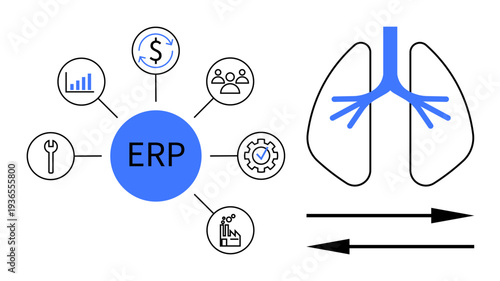 Business management, healthcare efficiency, respiratory system, process automation, integration, data analysis. ERP hub with icons for tools, finances workflow and a lung diagram. Business