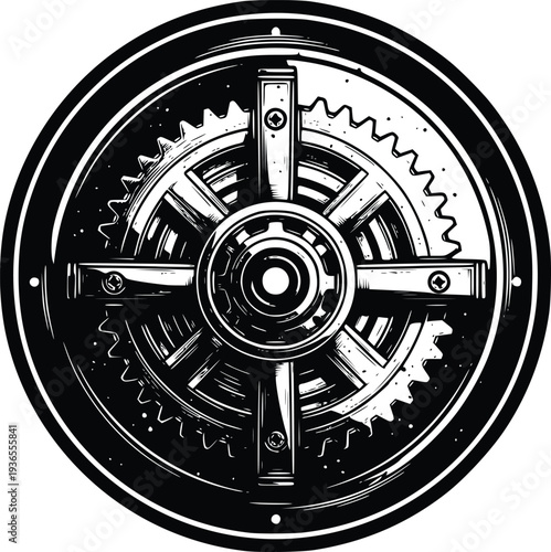 Vintage mechanical gear emblem vector, industrial machine cogwheel illustration in black and white