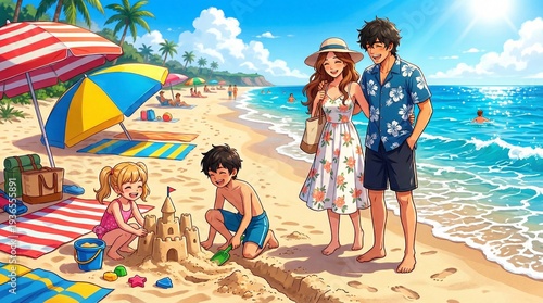 Anime Style Illustration of a Happy Family Building Sandcastles on a Sunny Tropical Beach