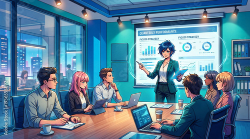 Business Professionals Attending a Strategic Corporate Presentation in 2030 Anime Style Scene