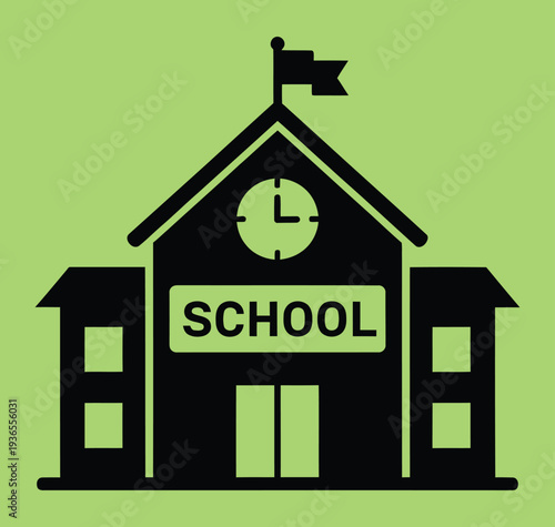 Black silhouette of a traditional school building with a flag, clock, and 'SCHOOL' sign on a light green background, representing education.