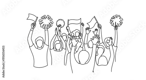 Continuous line drawing of a crowd cheering with pom poms and flags in a celebratory atmosphere
