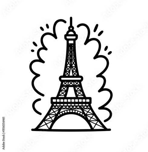  Eiffel tower on white background. Watercolor, line art, outline illustration.