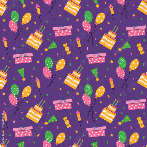 Birthday Party Pattern. Endless textures with cake, balloons, and gifts