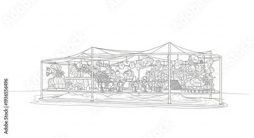 Detailed line drawing of a large outdoor event tent with lush greenery and seating area in a serene natural setting