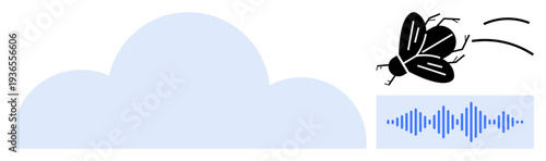 Cloud computing. Cloud computing with a cloud, audio waveform, and a flying quadcopter-thumbs up insect. Cloud computing for storage, futuristic technology, AI, innovation, multimedia