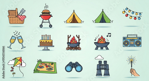Colorful camping and outdoor recreation icons set including tent grill food and party elements on light green background