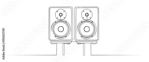 Single line drawing depicting a pair of professional studio monitor speakers on stands, excellent for audio technology presentations, music production guides, or sound engineering graphic