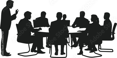 Business team meeting silhouette, corporate boardroom discussion, manager presentation to colleagues, teamwork strategy planning, professional office conference collaboration concept
