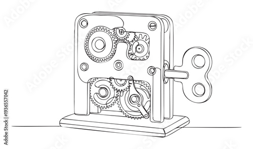 Black outline drawing illustrating the complex internal workings of a geardriven mechanism complete with winding key, useful for mechanical engineering diagrams, educational content, and