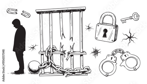 Visual representation of personal struggle and the journey towards freedom, featuring a man, broken prison bars, a chain, a padlock, a key, and handcuffs for psychological and