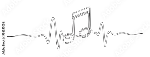 A continuous line drawing combining a musical note and a heart rate rhythm creating a unique visual representation of the passion and beat of music for various marketing materials and