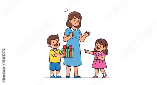 Vector illustration of a woman with two children exchanging gifts