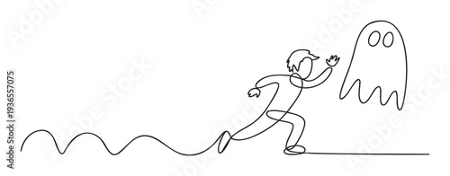 Simple continuous line drawing depicting a frightened person running away from a whimsical ghost, ideal for Halloween themes, fear concepts, or playful digital content.