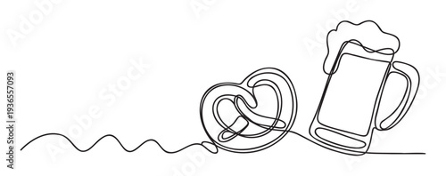 Minimalist one line illustration capturing a classic pretzel and a full beer pint suitable for restaurant menus, brewery branding, and festive occasion graphics.