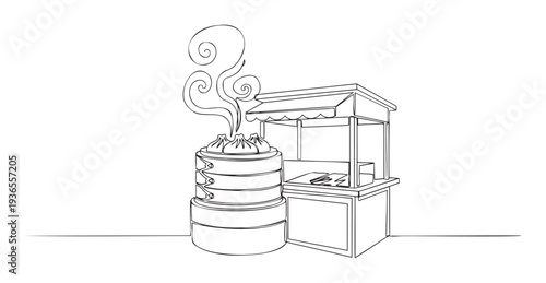 A minimalist continuous line drawing captures a traditional Asian street food vendor selling steamed dumplings from bamboo baskets, great for culinary publications, website headers, or
