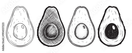 Stylized avocado halves depicted in various monochrome engraved and inked styles, perfect for wholesome food branding, restaurant menus, or nutritional content materials.