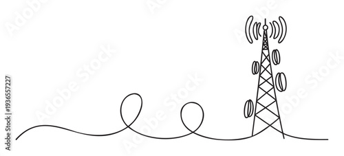 A single continuous line drawing of a modern communication tower transmitting wireless signals, ideal for telecommunication industry projects or technology related presentations.