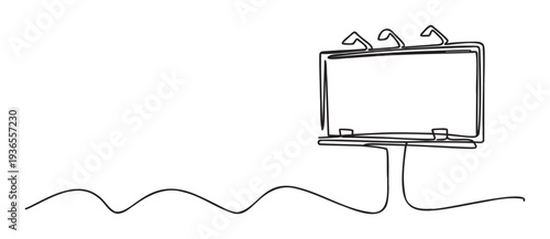 Minimalist continuous line drawing of a blank outdoor billboard sign with a wavy line below, ideal for conveying simple marketing messages or project concepts.