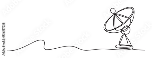 Continuous line drawing of a satellite dish representing global communication and technological advancement, ideal for telecommunications advertisements or internet connectivity concepts.
