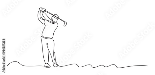 Dynamic continuous line drawing captures a golfer midswing, showcasing athletic motion and precision for sports marketing materials, fitness blogs, or golf club promotions.