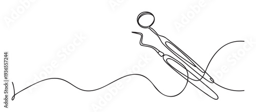 Continuous one line drawing of essential dental instruments including a mirror and probe, ideal for modern dental practice branding, hygiene service marketing, and healthcare presentations.